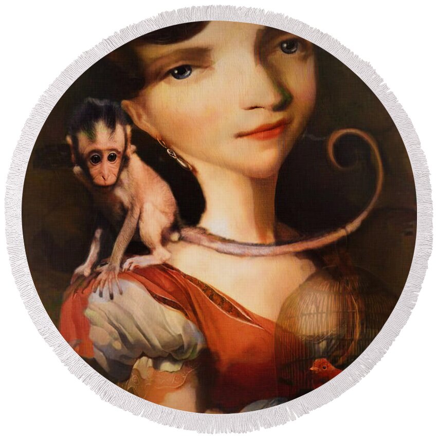 Digital Art Round Beach Towel featuring the photograph Girl with a Pet Monkey by Sharon Jones