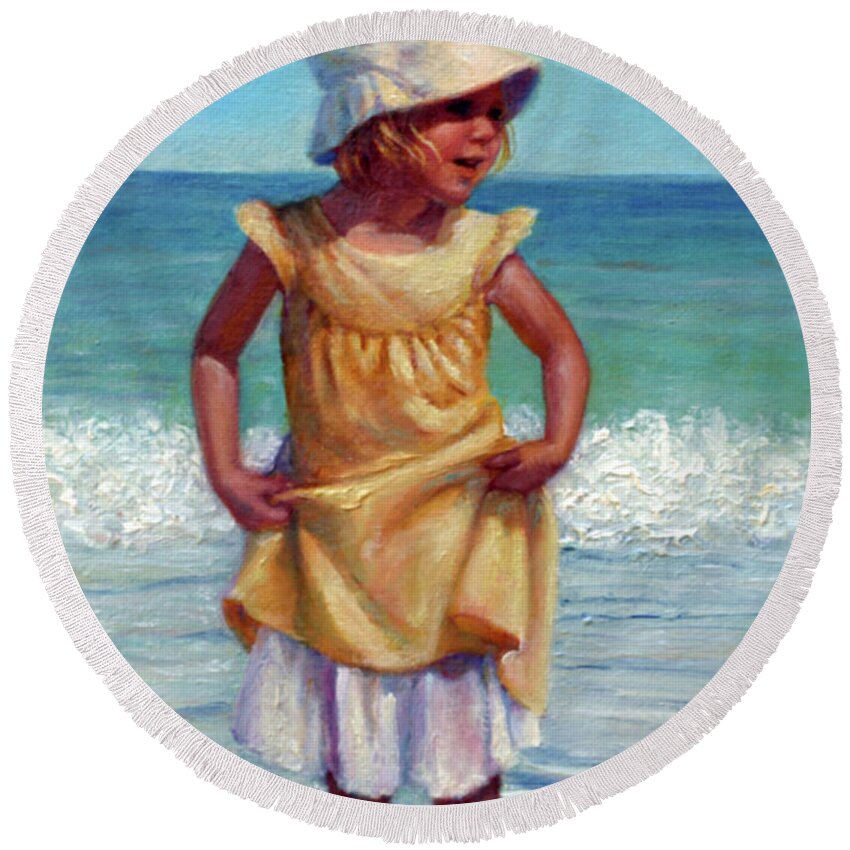 Children At The Beach Round Beach Towel featuring the painting Girl with Bonnet by Marie Witte