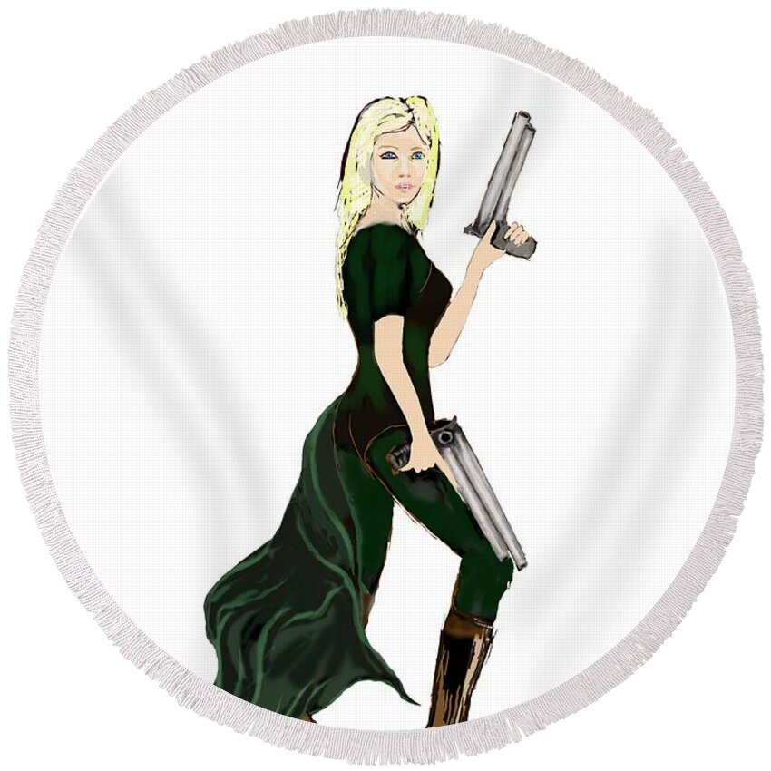 Woman Round Beach Towel featuring the digital art Girl with Guns by Tom Conway