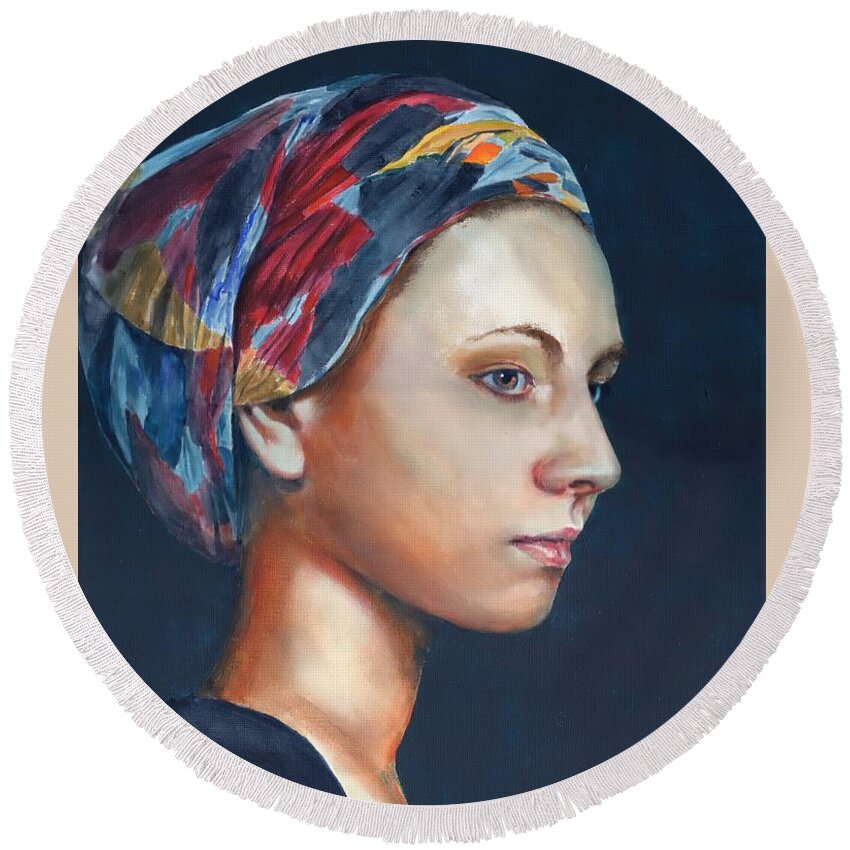 Girl Round Beach Towel featuring the painting Girl in Headscarf by John Neeve