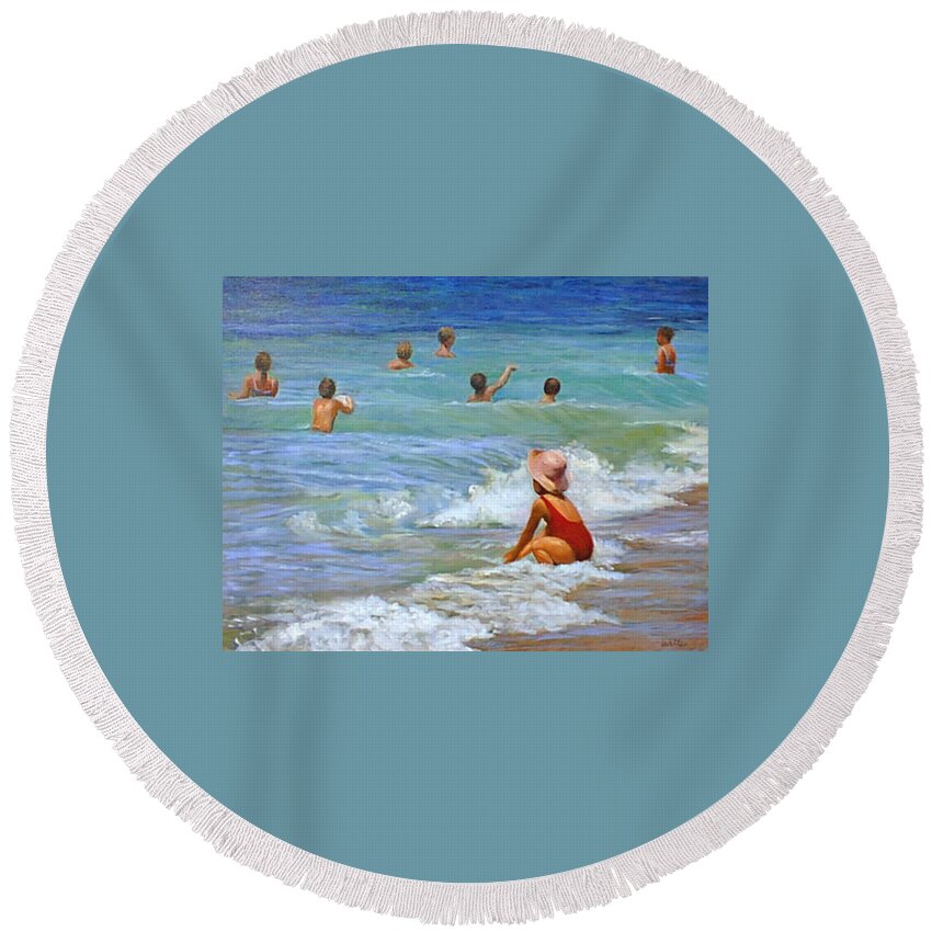 Children Round Beach Towel featuring the painting Girl with Pink Hat by Marie Witte