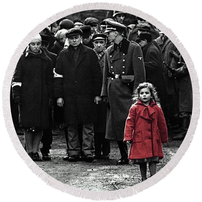 Girl With Red Coat Publicity Photo Schindlers List 1993 Round Beach Towel featuring the photograph Girl with red coat publicity photo Schindlers list 1993 by David Lee Guss
