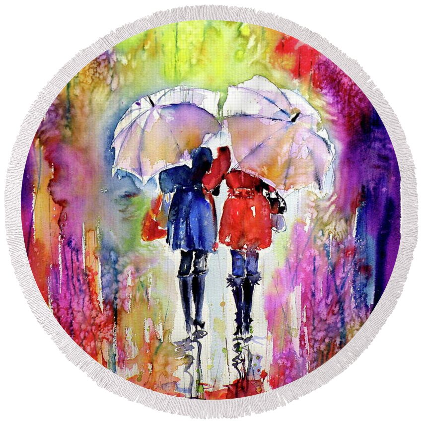 Colorful Round Beach Towel featuring the painting Girlfriends under umbrella by Kovacs Anna Brigitta