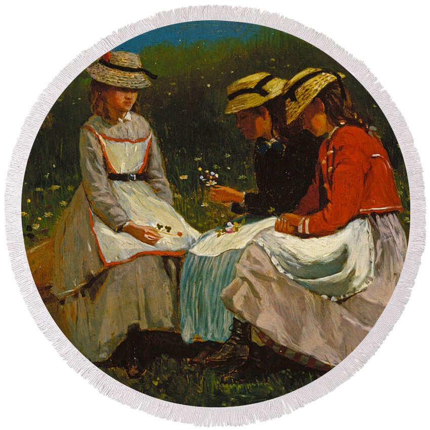 Winslow Homer Round Beach Towel featuring the painting Girls in a Landscape by Winslow Homer