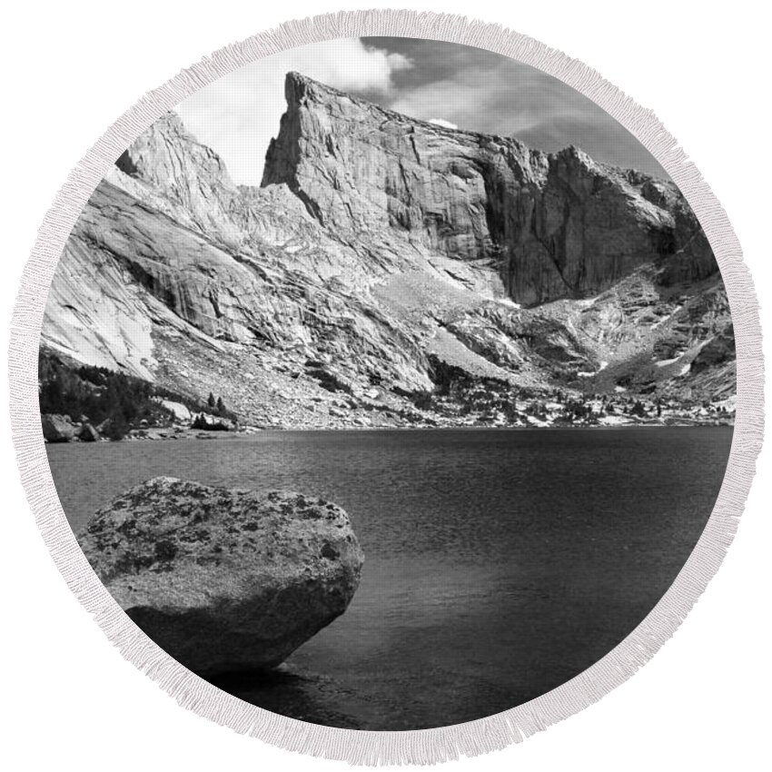 Wyoming Round Beach Towel featuring the photograph Glacial Erratic at Deep Lake Black and White by Brett Pelletier