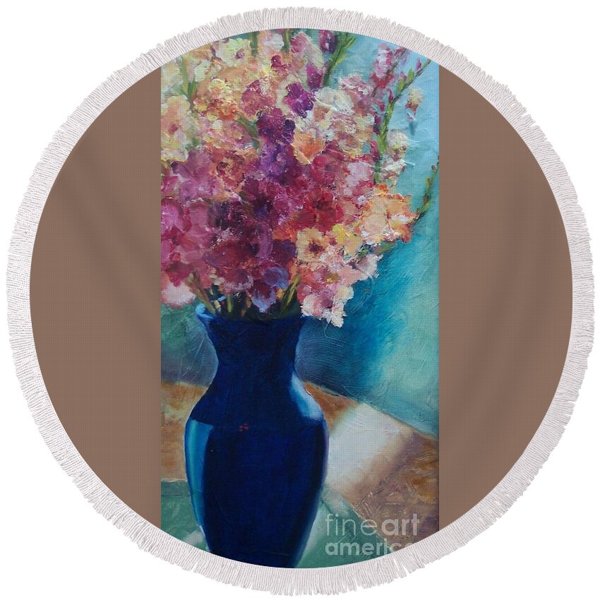 Still Life Round Beach Towel featuring the painting Gladioli-Blue by Marlene Book