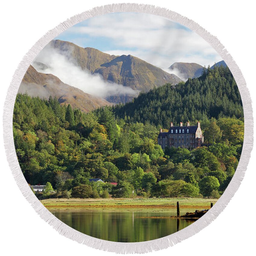 Ballachulish Round Beach Towel featuring the photograph Glencoe house landscape by Grant Glendinning