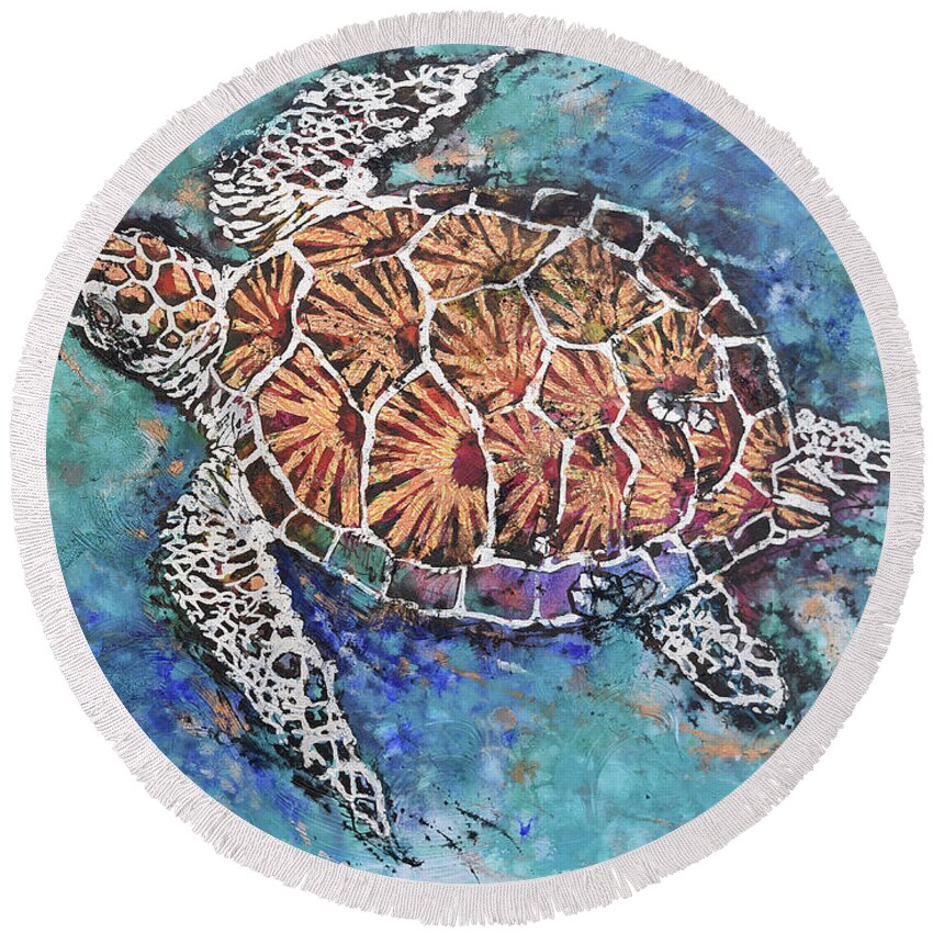 Marine Animals Round Beach Towel featuring the painting Glittering Turtle by Jyotika Shroff