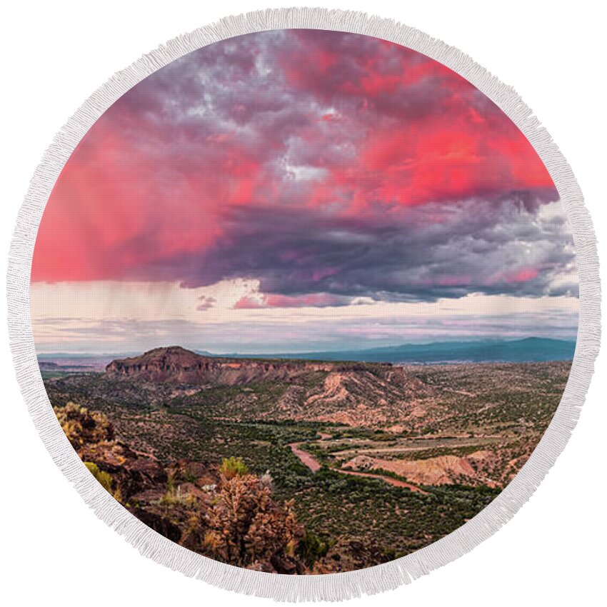 New Round Beach Towel featuring the photograph Glorious View of Rio Grande, Sangre de Cristo and Black Mesa from White Rock Overlook - New Mexico by Silvio Ligutti