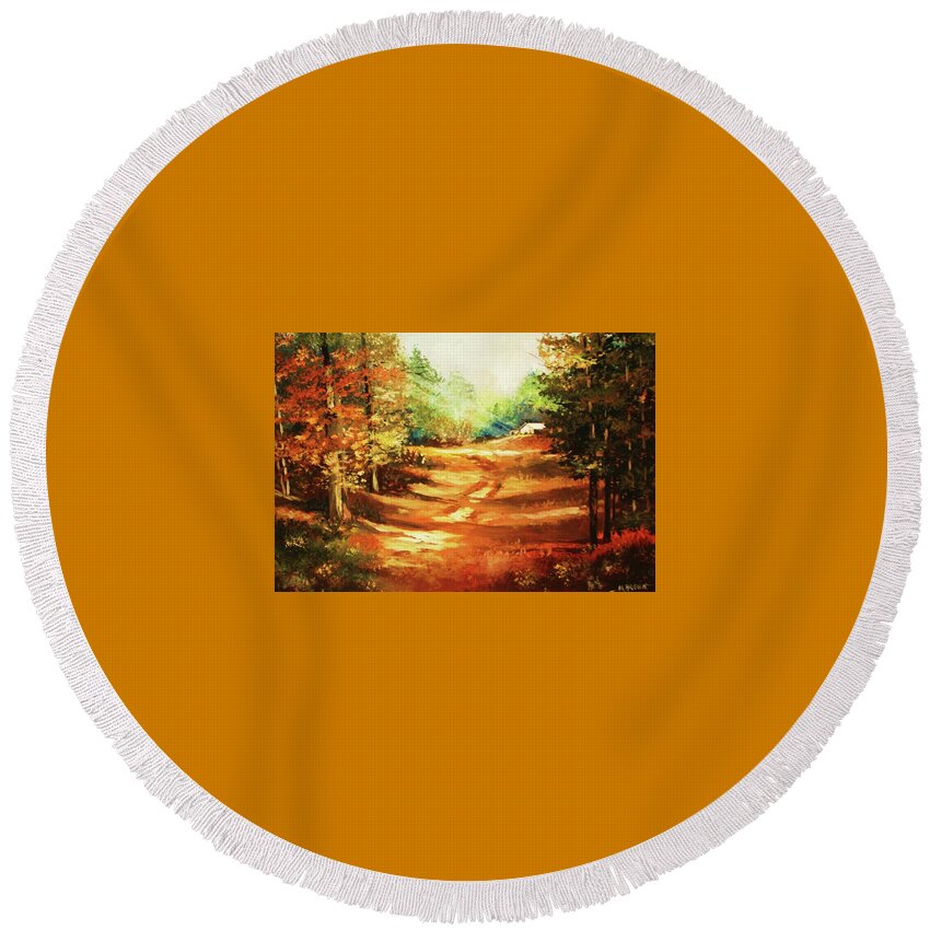 Trees Round Beach Towel featuring the painting Glory Road in Autumn by Al Brown