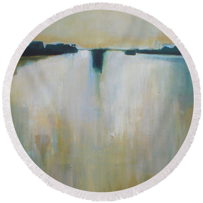 Abstract Landscape Round Beach Towel featuring the painting Glow in the Lake by Vesna Antic