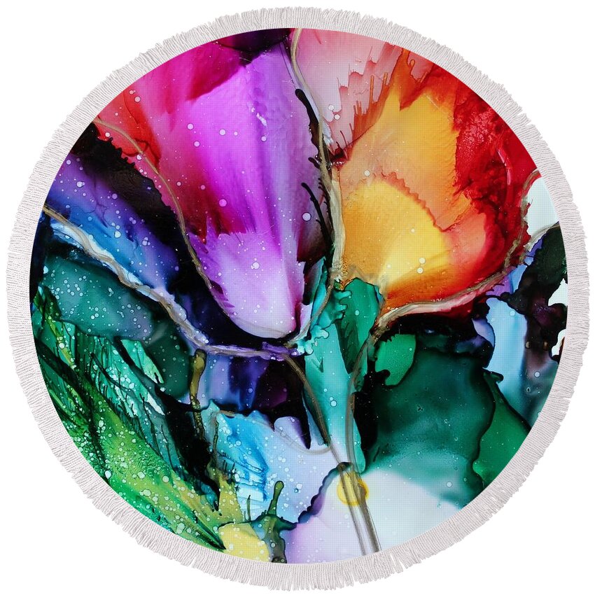 Tulips Round Beach Towel featuring the painting Glow by Ruth Kamenev