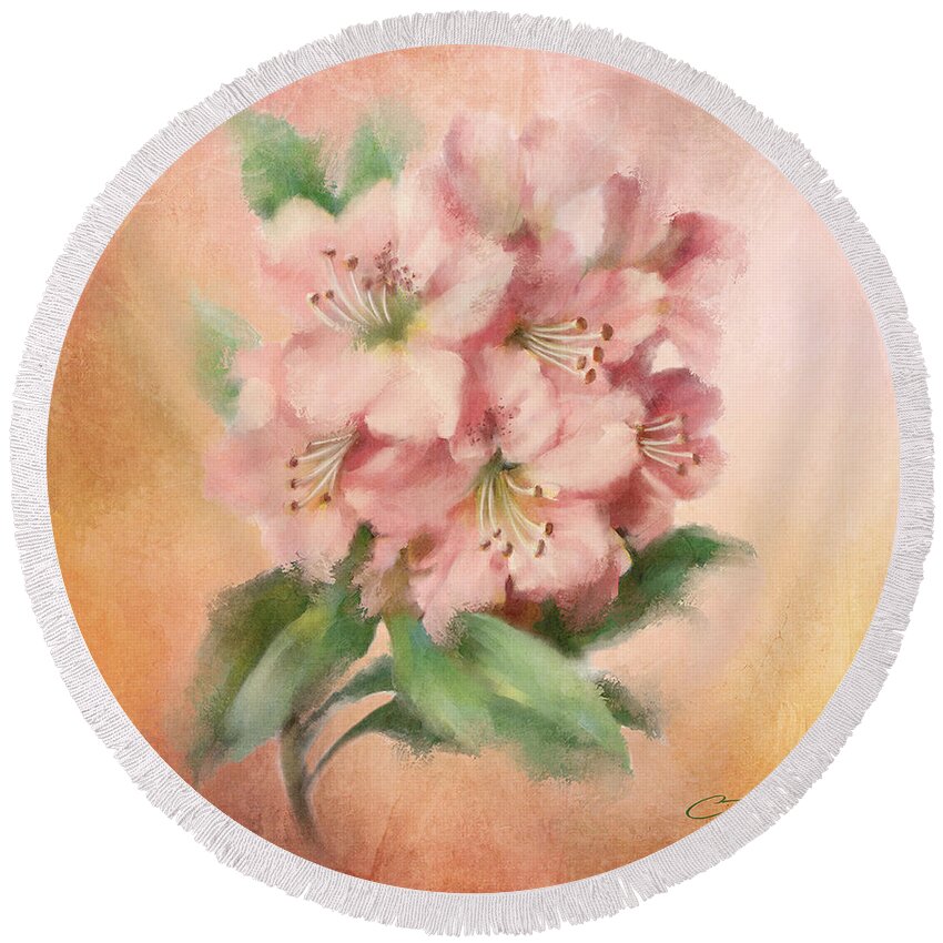 Pink Flower Round Beach Towel featuring the painting Glowing Incantation by Colleen Taylor