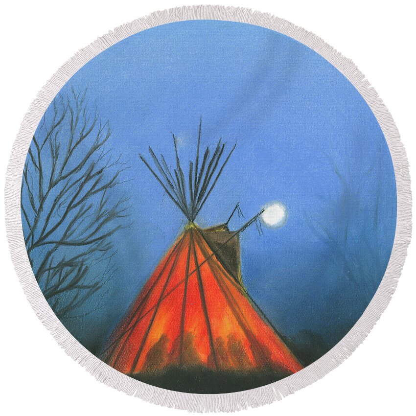 Tepee Round Beach Towel featuring the pastel Glowing Tepee by Sheila Johns
