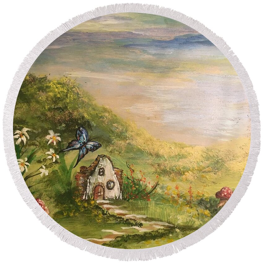 Fairy Round Beach Towel featuring the painting Gnome Home by Karen Ferrand Carroll