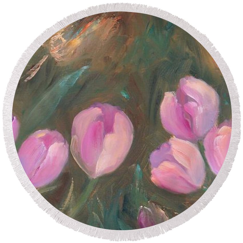 Tulips Round Beach Towel featuring the painting God Laughs by Nataya Crow