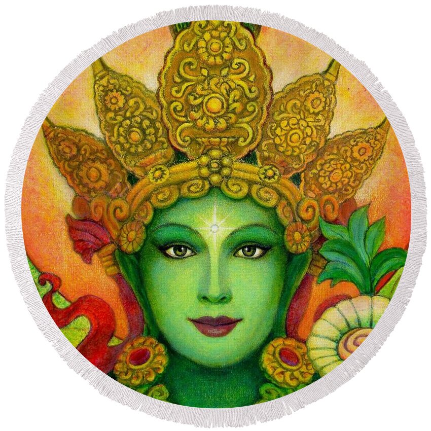 Goddess Round Beach Towel featuring the painting Goddess Green Tara's Face by Sue Halstenberg