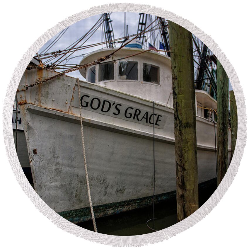 God's Grace Round Beach Towel featuring the photograph God's Grace Shrimp Boat Docked in McCellanville SC by Dale Powell