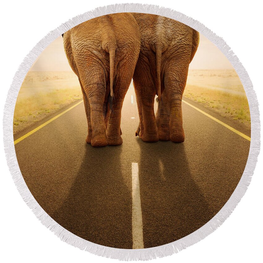 Elephant Round Beach Towel featuring the photograph Going away together / travelling by road by Johan Swanepoel