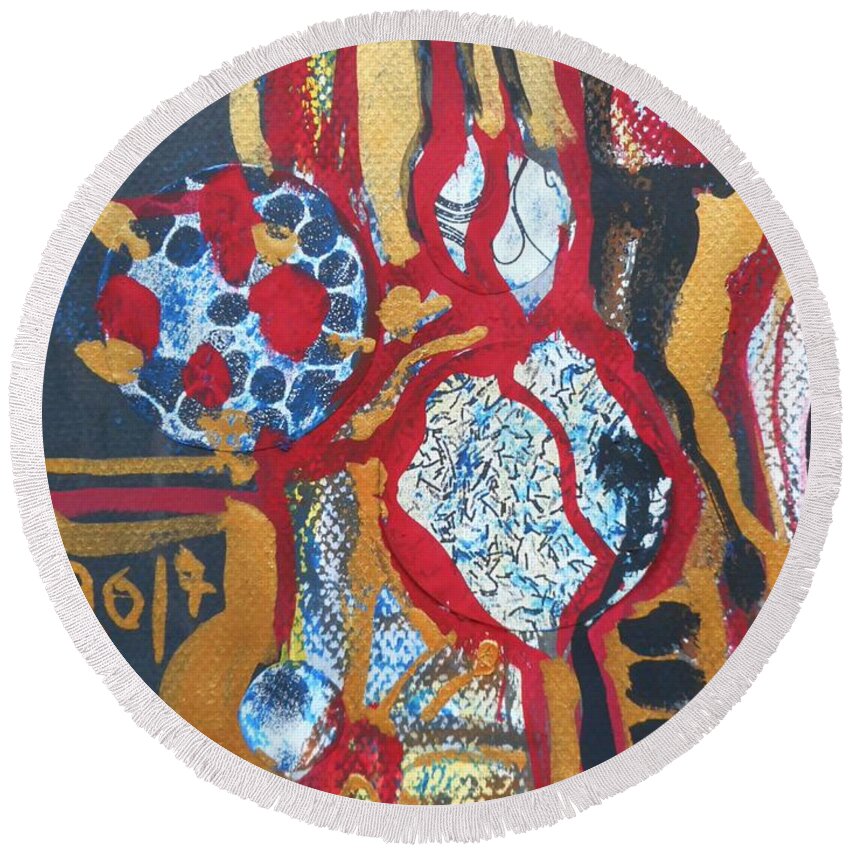 Katerina Stamatelos Art Round Beach Towel featuring the painting Gold-Abstract-1 by Katerina Stamatelos