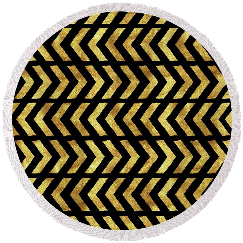Tribal Pattern Round Beach Towel featuring the digital art Gold and black tribal zig zag design by Tina Lavoie