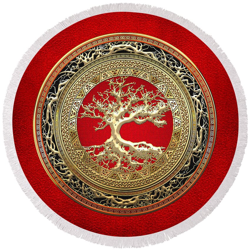 Treasure Trove By By Serge Averbukh Round Beach Towel featuring the photograph Gold Celtic Tree Of Life On Red by Serge Averbukh