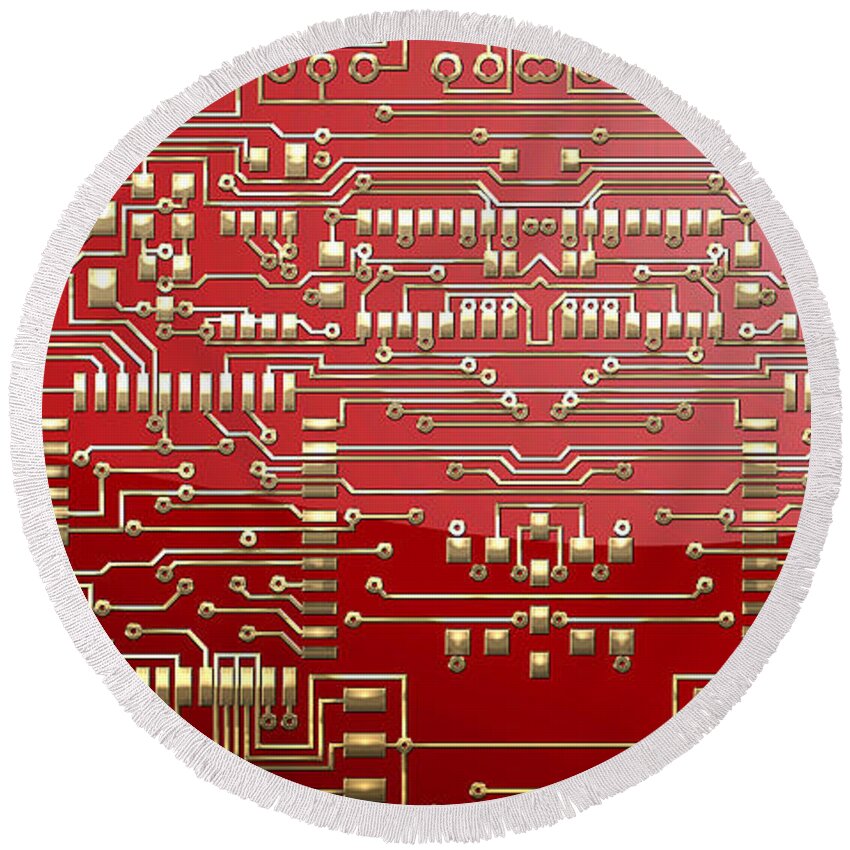 visual Art Pop By Serge Averbukh Round Beach Towel featuring the photograph Gold Circuitry on Red by Serge Averbukh