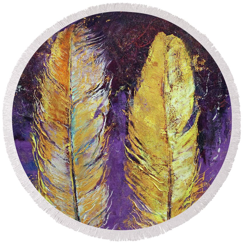 Abstract Round Beach Towel featuring the painting Gold Feathers by Michael Creese