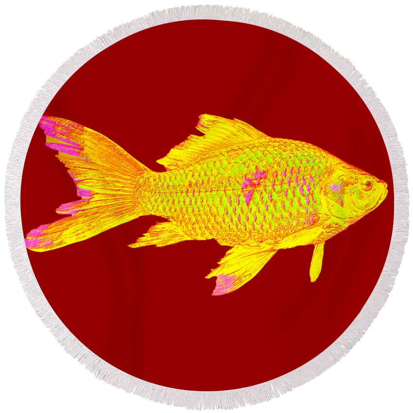 Fish Round Beach Towel featuring the digital art Gold Fish on Striped Background by Mimulux Patricia No