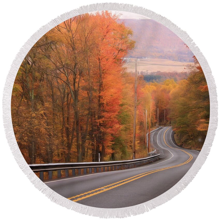 Autumn Round Beach Towel featuring the photograph Gold Mine Road in Autumn by Lori Deiter