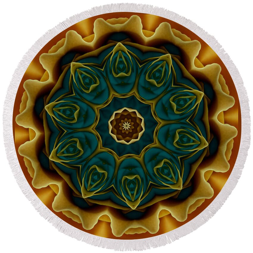 Flower Round Beach Towel featuring the digital art Gold Rose Mandala by Julia Underwood