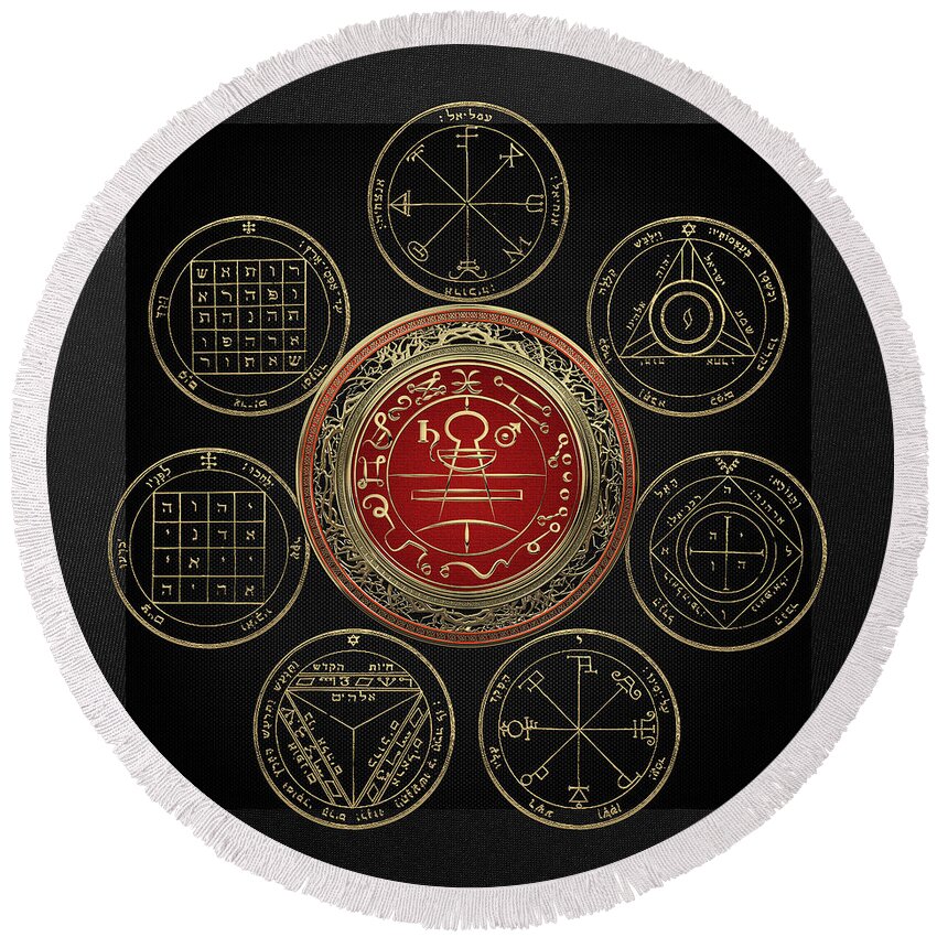 'sacred Symbols' Collection By Serge Averbukh Round Beach Towel featuring the digital art Gold Seal of Solomon over Seven Pentacles of Saturn on Black Canvas by Serge Averbukh