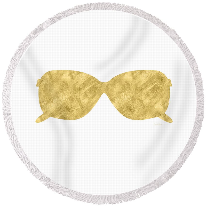 Sunglasses Round Beach Towel featuring the mixed media Gold Shades- Art by Linda Woods by Linda Woods