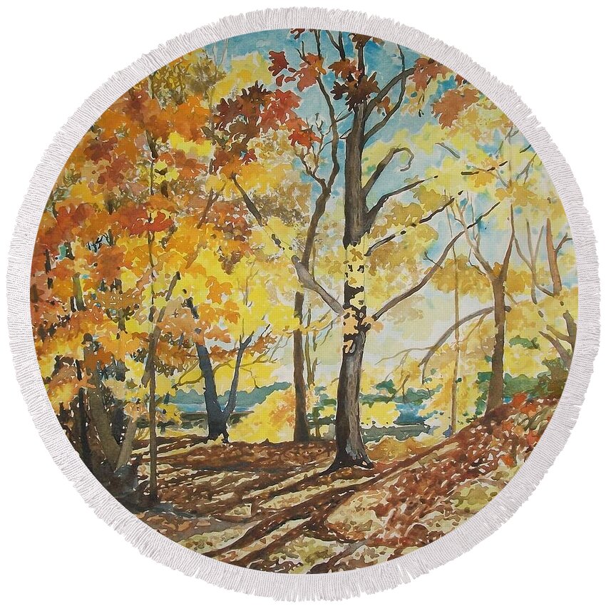 Fall Round Beach Towel featuring the painting Golden Autumn Leaves by Judith Young