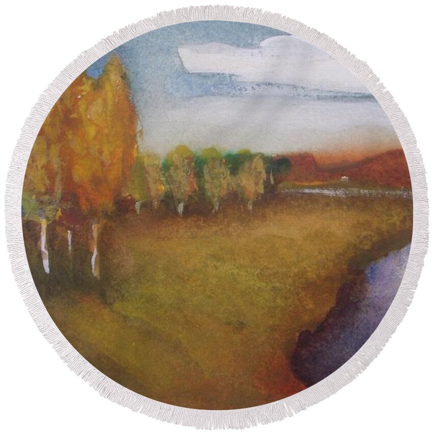 Landscape Round Beach Towel featuring the painting Golden Autumn - Isaac Levitan by Vesna Antic