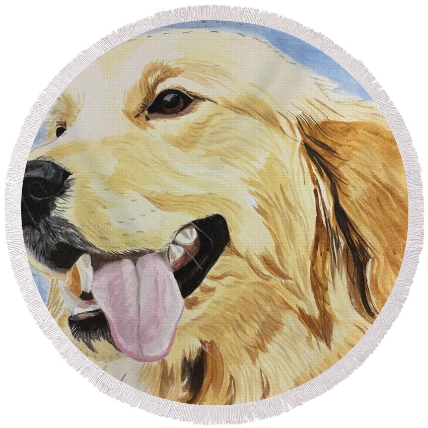 Golden Retriever Round Beach Towel featuring the painting Golden Day by Sonja Jones