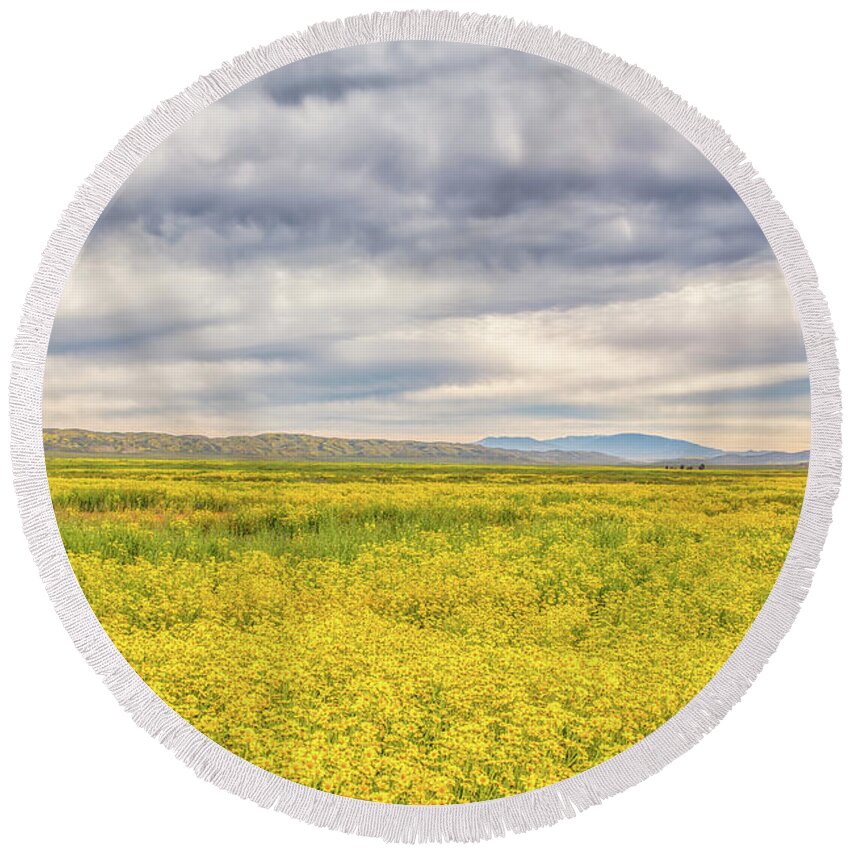 California Round Beach Towel featuring the photograph Golden Field and Clouds by Marc Crumpler