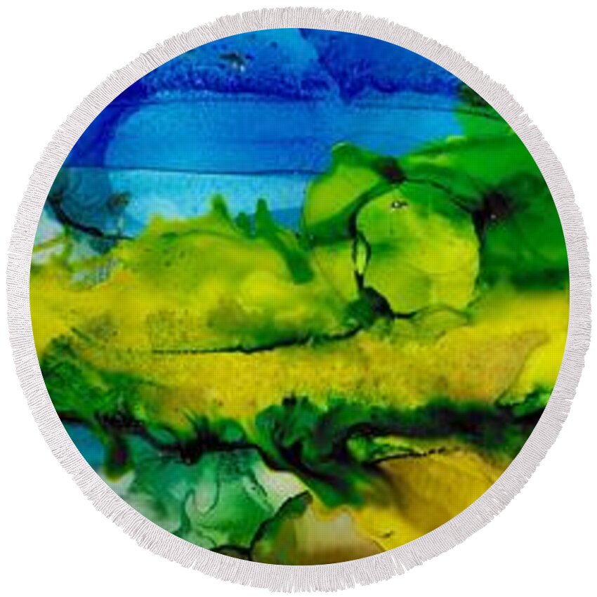 Abstract Round Beach Towel featuring the painting Golden Fields by Louise Adams