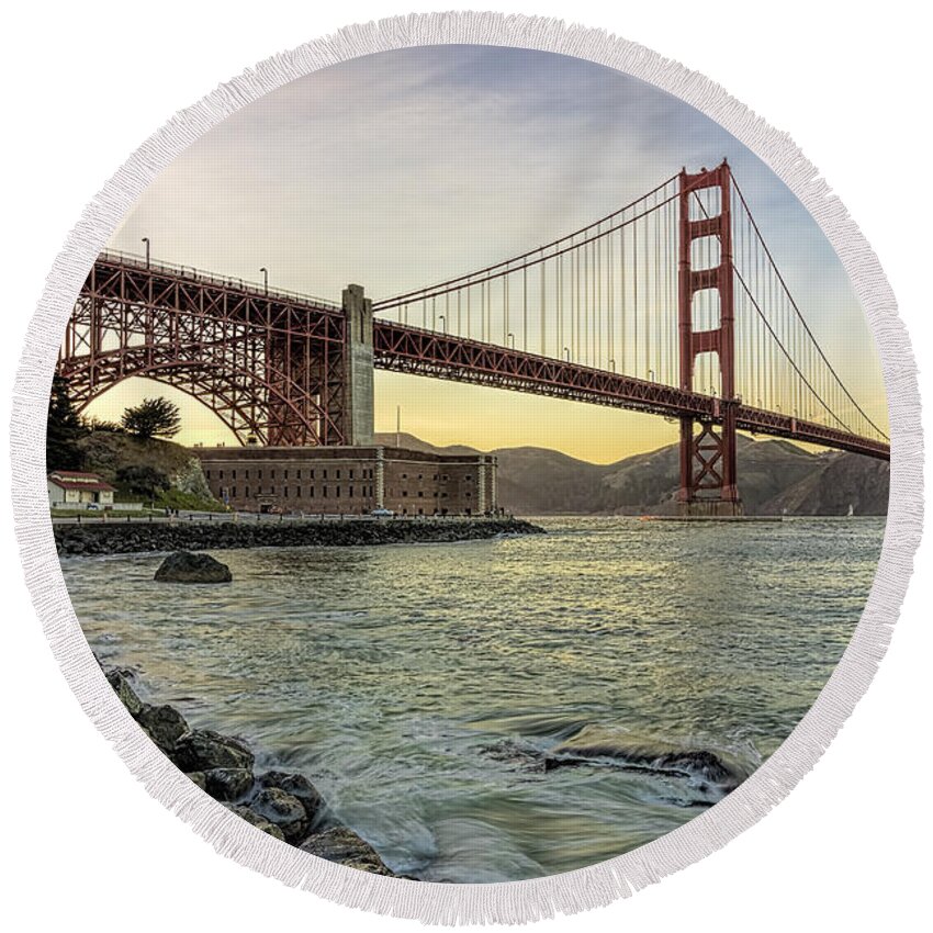 Golden Gate Bridge Round Beach Towel featuring the photograph Golden Gate Bridge and Fort Point HDR 01 by Josh Bryant