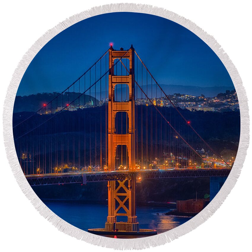 Golden Gate Bridge Round Beach Towel featuring the photograph Golden Gate Bridge Blue Hour by Paul Freidlund