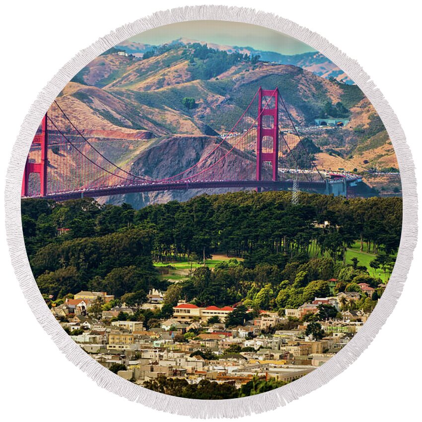 Sfo Round Beach Towel featuring the photograph Golden Gate Bridge - Twin Peaks by Doug Sturgess