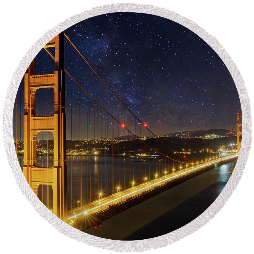 Golden Gate Round Beach Towel featuring the photograph Golden Gate Bridge under the Starry Night Sky by David Gn