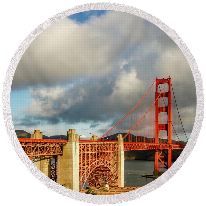 Golden Gate Bridge Round Beach Towel featuring the photograph Golden Gate From Above Ft. Point by Bill Gallagher