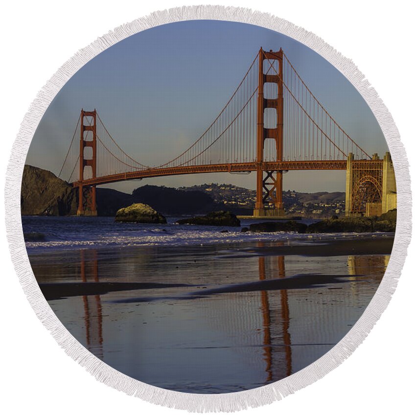 Golden Gate Bridge Tower Blue Sky Round Beach Towel featuring the photograph Golden Gate Reflection by Garry Gay