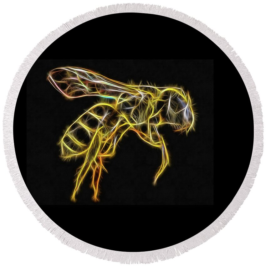 Bee Round Beach Towel featuring the digital art Golden honey bee fractalized by Matthias Hauser