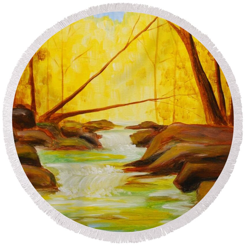 Creek Round Beach Towel featuring the painting Golden Hour by Emily Page