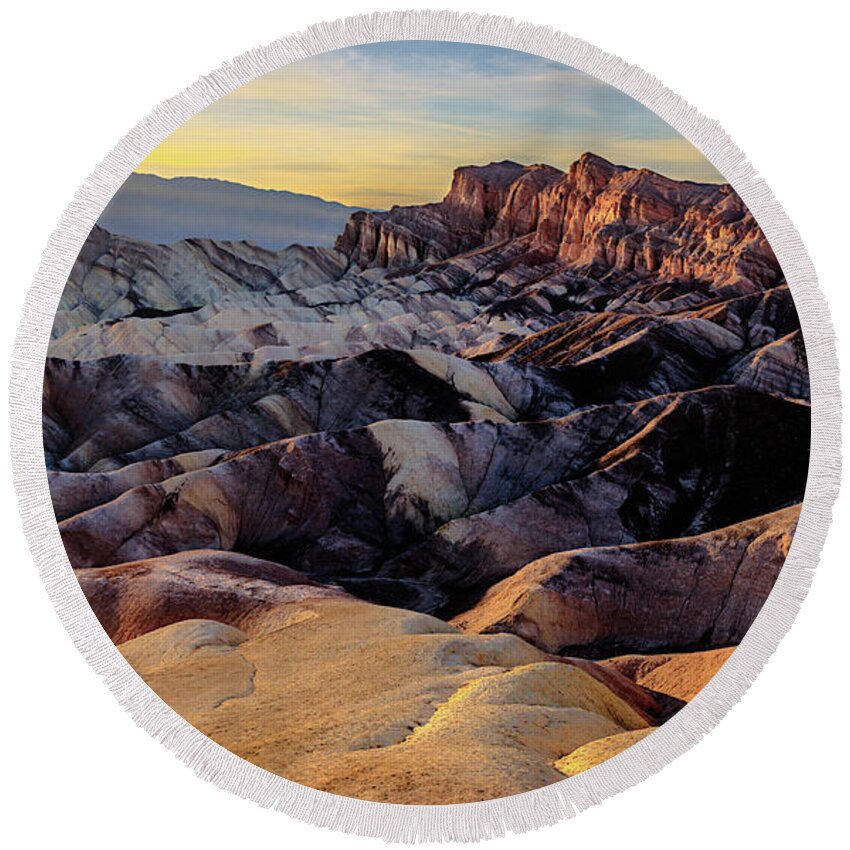 Af Zoom 24-70mm F/2.8g Round Beach Towel featuring the photograph Golden Hour Light on Zabriskie Point by John Hight