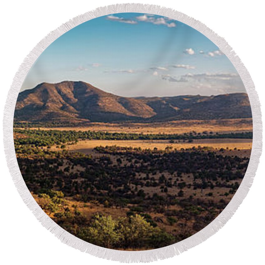 Davis Mountains Round Beach Towel featuring the photograph Golden Hour Panorama of Davis Mountains - Blue and Paradise Mountain and Mount Livermore West Texas by Silvio Ligutti