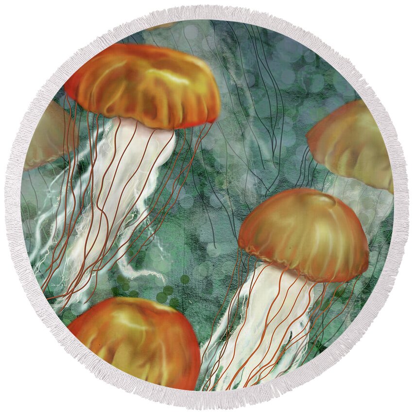 Jellyfish Round Beach Towel featuring the digital art Golden Jellyfish in Green Sea by Sand And Chi