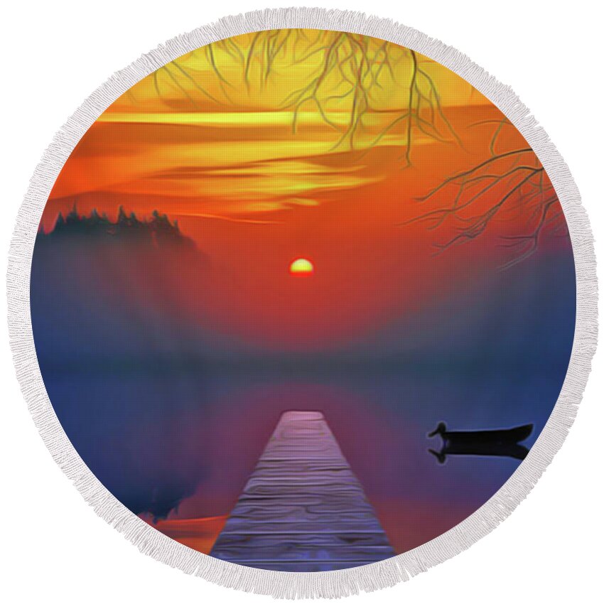 Golden Lake Round Beach Towel featuring the painting Golden Lake by Harry Warrick